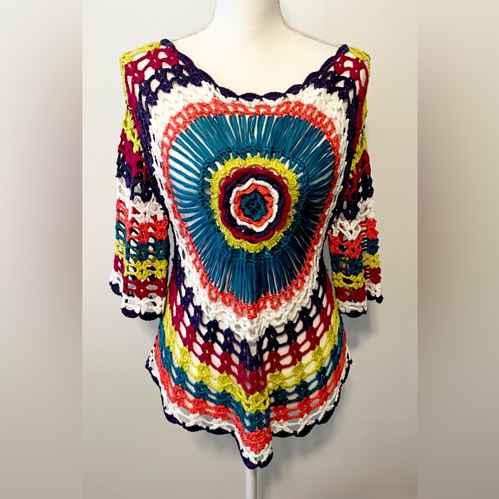 SIONI Colorful Open Weave Crochet Sweater. Boho Festival Pool Beach. Size S/M